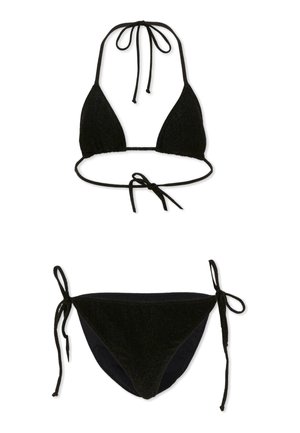 Czarny dwuczęściowy bikini z trójkątnym topem i dołem z wiązaniami po bokach, zaprojektowany dla regulowanego dopasowania.