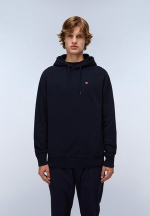 Marineblauwe hoodie gemaakt van katoen, met een klein vlaglogo op de borst, lange mouwen en een geribbelde onderrand.
