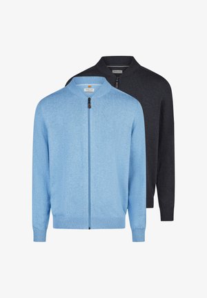 Dwa męskie swetry na zamek, jeden jasnoniebieski z przodu, a drugi ciemnoszary z tyłu, oba z prążkowanymi mankietami i kołnierzami.