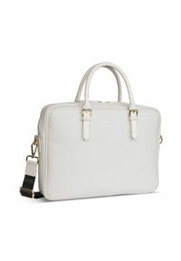 Weiße Leder-Laptoptasche mit doppelten Griffen, goldener Hardware und einem abnehmbaren Schultergurt in Schwarz und Weiß. Glatte Textur, rechteckige Form.