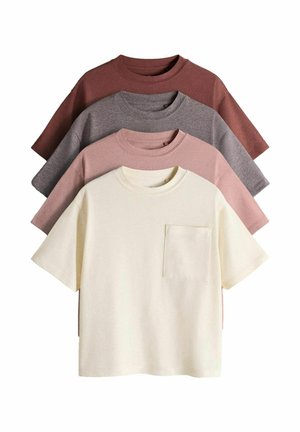 Four folded crew neck t-shirts in cream, light pink, gray, and brown, with short sleeves and a chest pocket on the cream shirt.