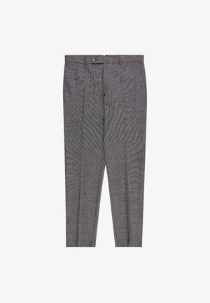 Szare plisowane spodnie wykonane z tkaniny o subtelnym wzorze kratki, z zapięciem na guzik i prostymi nogawkami.