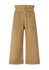 Bije širokopovratne hlače s visokom elastičnom strukom, špagu, prednjim džepovima i zip detaljima na gležnjevima. Teksturirani materijal.