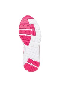 Suola della scarpa con un design in gomma rosa, caratterizzata da pattern testurizzati, scanalature e sezioni bianche per garantire aderenza, progettata per un uso sportivo.