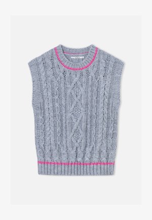 Svetlo siva pletena telovnik s kablom vzorcem, roza poudarkom okoli izreza na vratu in rebrastim spodnjim robom. Kratki rokavi.