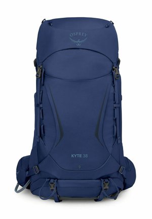 Dunkelblauer Osprey Kyte 38 Wanderrucksack mit mehreren Gurten, Seitentaschen und einem oberen Deckelfach.
