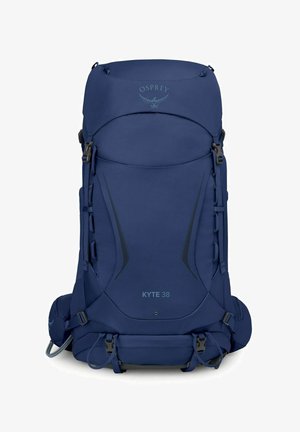 Dunkelblauer Osprey Kyte 38 Wanderrucksack mit mehreren Gurten, Seitentaschen und einem oberen Deckelfach.