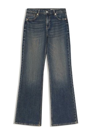 Dunkelblaue Jeans mit geradem Bein, vorderen Taschen, Gürtelschlaufen und Knopfverschluss, mit leichter Farbverblassung an den Oberschenkeln.