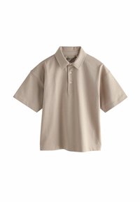 Krátky rukáv polo tričko z béžovej bavlny, s golierom, trojicou gombíkov a voľným strihom. Hladká textura a jednoduchý dizajn.