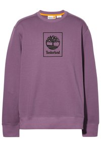 Lila sweatshirt i en bomullsblandning, med en svart Timberland-logotyp innanför en rektangulär ram på framsidan och ribbade muddarna.