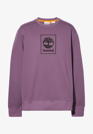 Sudadera morada de mezcla de algodón, con un logo negro de Timberland dentro de un contorno rectangular en la parte delantera y puños acanalados.
