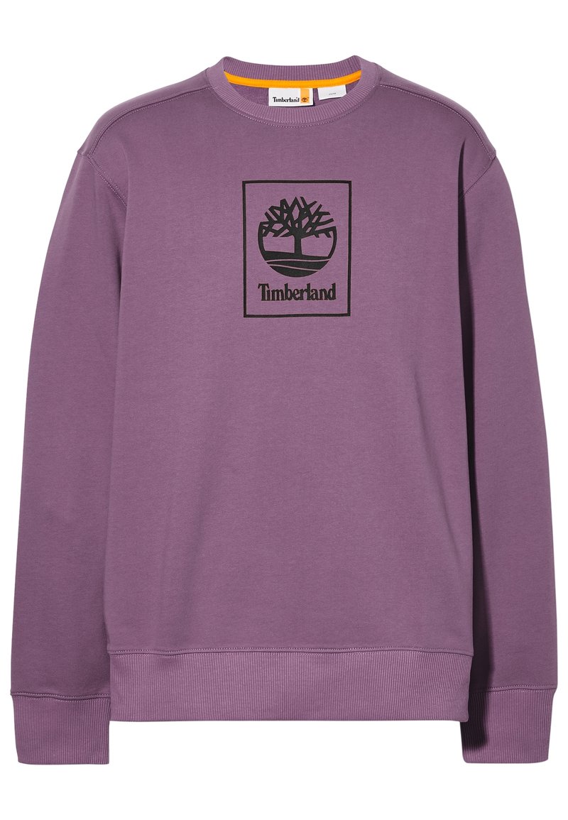 Lila sweatshirt i en bomullsblandning, med en svart Timberland-logotyp innanför en rektangulär ram på framsidan och ribbade muddarna.