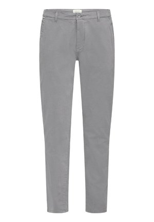 Grijze katoenen chino's met een slanke pasvorm, voorzakken, een knoopsluiting en riemlussen. Glad oppervlak met minimale ontwerpdetails.
