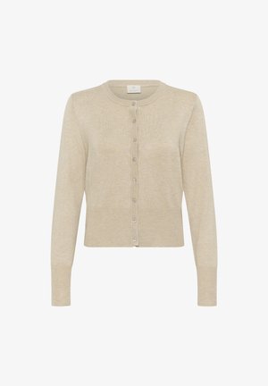 Beige kardigán, puha, könnyű anyagból készült. Kerek nyakkivágással, hosszú ujjal és gombos elülső záródással rendelkezik, a gombok színben illeszkednek.