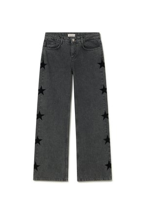Vaqueros negros de pierna ancha con cintura alta y estampados de estrellas negras que recorren ambos lados exteriores de las piernas.
