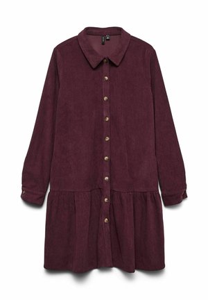 Abito in corduroy bordeaux con frontale a bottoni, colletto, maniche lunghe, vita arricciata e orlo plissettato. Caratterizzato da bottoni rotondi in legno.