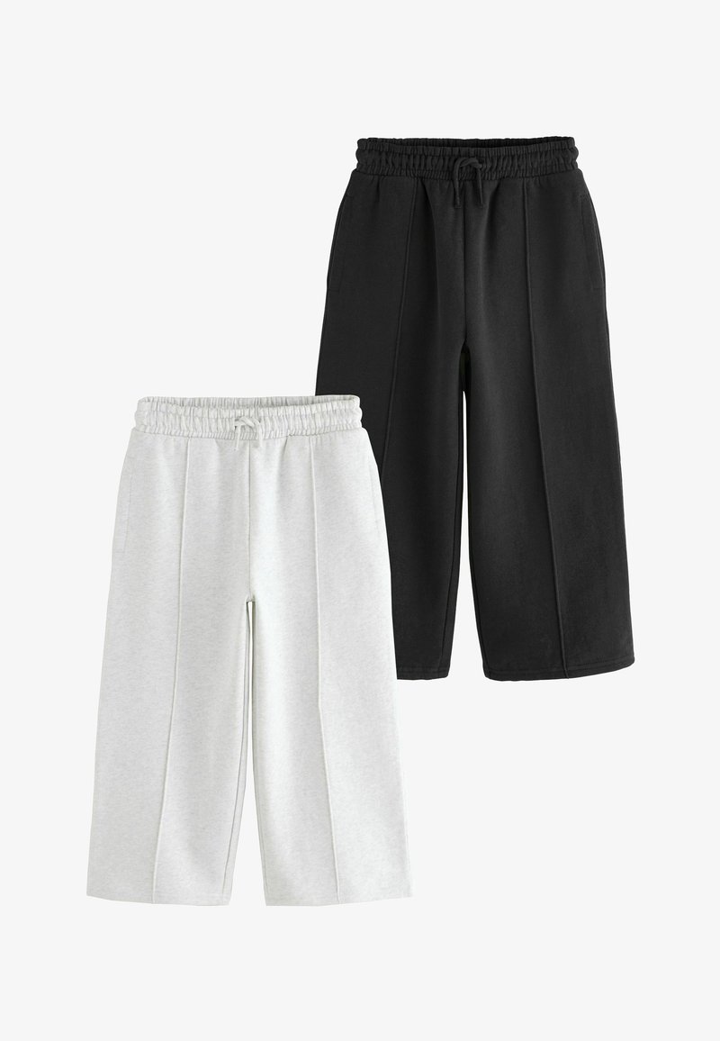 Two pairs of wide-leg pants with elastic waistbands and drawstrings, one in light gray and the other in black, shown on a white background.