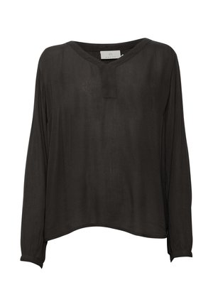 Blusa negra de manga larga con una tela suave y ligera. Presenta un escote en V y un ajuste relajado, con puños en las mangas y un diseño sencillo sin adornos.