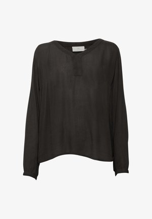 Blusa negra de manga larga con una tela suave y ligera. Presenta un escote en V y un ajuste relajado, con puños en las mangas y un diseño sencillo sin adornos.