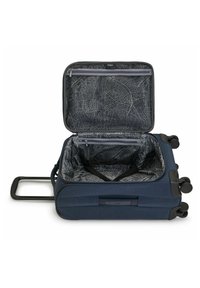 Navy blue suitcase with an embroidered map interior, zippered pocket, retractable handle, and four rolling wheels. Open and empty.