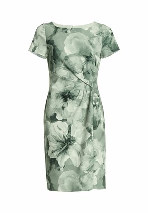 Bloemenjurk in tinten groen en crème, korte mouwen, getailleerde taille met geplooide details en een ronde hals. Zachte stof met gelaagde bloemenpatronen.