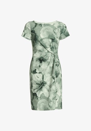 Abito floreale in tonalità di verde e crema, maniche corte, vita aderente con dettaglio drappeggiato e collo rotondo. Tessuto morbido con motivi floreali sovrapposti.