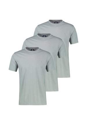 Drei hellgraue T-Shirts mit kurzen Ärmeln und Rundhalsausschnitt, jeweils mit einem kleinen, links auf der Brust eingestickten Logo, in einer versetzten Stapelung angeordnet.