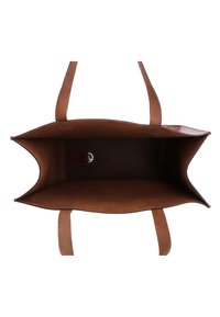 Borsa tote in pelle marrone con due spallacci, apertura superiore e un piccolo dettaglio a anello interno.