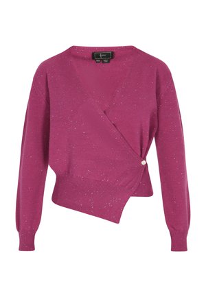 Fuksia vaaleanpunainen kietaisuneule, jossa on V-pääntie, pitkät hihat ja hopeahippuja. Sisältää koristeelliset napit vyötäröllä ja ribbaustekniikalla viimeistellyn helman.