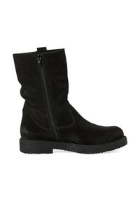 Stivali alla caviglia in suede nero con finitura testurizzata, dotati di zip laterale e suola piatta in gomma. La gamba è leggermente morbida.