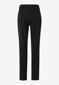 Pantaloni neri su misura con design a gamba dritta, fronte piatto e due tasche posteriori. Realizzati in tessuto morbido, adatti per abbigliamento formale.