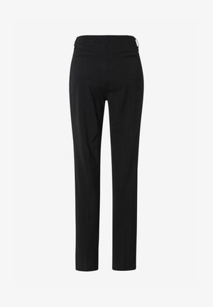 Schwarze, maßgeschneiderte Hosen mit geradem Schnitt, flachem Frontdesign und zwei Gesäßtaschen. Aus glattem Stoff gefertigt, geeignet für formelle Anlässe.
