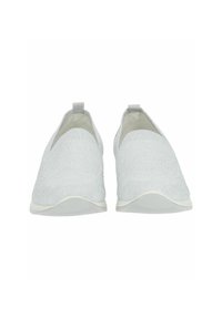 Light gray slip-on shoes with a textured knit upper, rounded toe, and white rubber sole. Features a small pull tab on the heel.