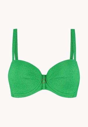 Haut de bikini vert avec fines doubles bretelles et petit détail de fermeture métallique centrale, tissu texturé, bonnets légèrement froncés.
