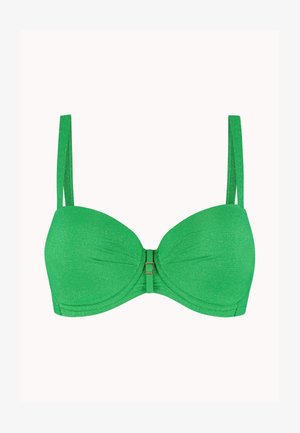 Top de bikini verde con tirantes dobles finos y un pequeño detalle de cierre metálico central, tejido texturizado, copas suavemente fruncidas.