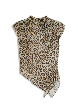 Blusa senza maniche con stampa leopardata, collo alto e dettaglio con fiocco, caratterizzata da un orlo asimmetrico e tessuto leggero e trasparente.