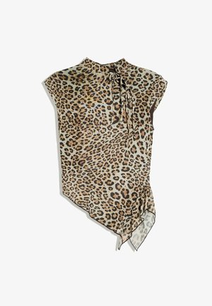 Ärmellose Bluse mit Leopardenmuster, hohem Kragen und Bindedetail, mit asymmetrischem Saum und leichtem, transparentem Stoff.