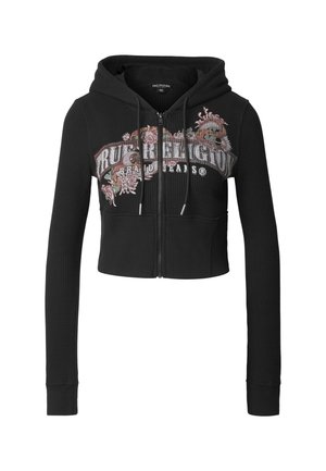 Sudadera con capucha negra recortada con cierre de cremallera, textura con patrón acanalado, con gráficos florales coloridos y texto en la parte delantera.