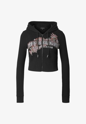 Fekete, rövidített kapucnis pulóver cipzáras záródással, bordázott mintázattal, színes virágos és szöveges grafikákkal az elején.