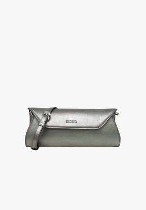 Metallic grijze leren clutch tas met verstelbare band en klepsluiting, gebrandmerkt met "BIASIA" aan de voorkant.
