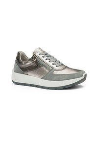 Gray and silver low-top sneaker with lace-up front, side zipper, and thick white sole.