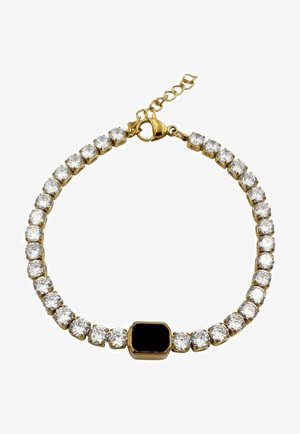 Braccialetto d'oro con una fila di strass trasparenti, pietra centrale nera, chiusura a moschettone e catena regolabile.