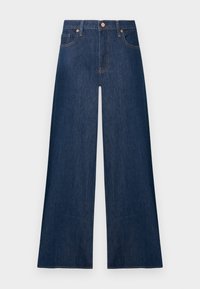 Jean denim bleu foncé à jambes larges avec boutons avant et poches, présenté sur un fond clair uni.
