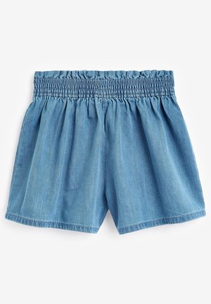 Short en jean bleu avec jambes larges et taille élastique froncée, posé à plat sur un fond blanc.