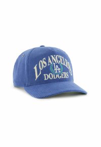 Blaue Kord-Hüte mit weißem, gesticktem Text "LOS ANGELES DODGERS" und "LA"-Logo, mit flachem Schirm und strukturiertem Kopfteil.