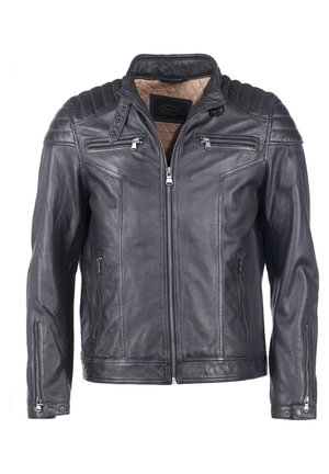 Herrenlederjacke, dunkelblau, mit durchgehendem Reißverschluss, gestepptem Innenfutter, mehreren Reißverschlusstaschen und gepolsterten Schulterdetails.