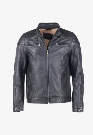 Herre læderjakke, mørkeblå, med lynlås foran, quiltet inderside, flere lynlåslommer og polstrede skulderdetaljer.