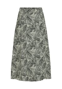 Jupe évasée en tissu léger avec un motif de feuilles monochrome. Le design comprend une taille haute et une texture lisse.