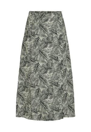 Jupe évasée en tissu léger avec un motif de feuilles monochrome. Le design comprend une taille haute et une texture lisse.