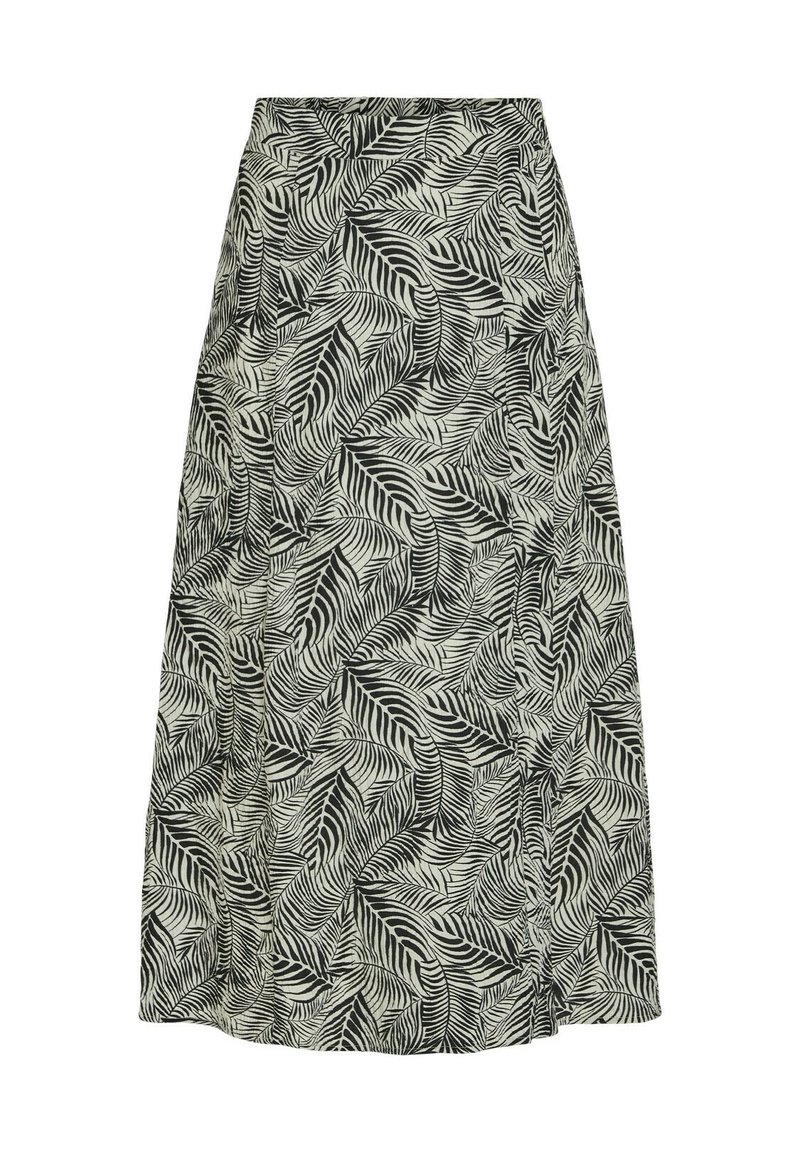 Jupe évasée en tissu léger avec un motif de feuilles monochrome. Le design comprend une taille haute et une texture lisse.